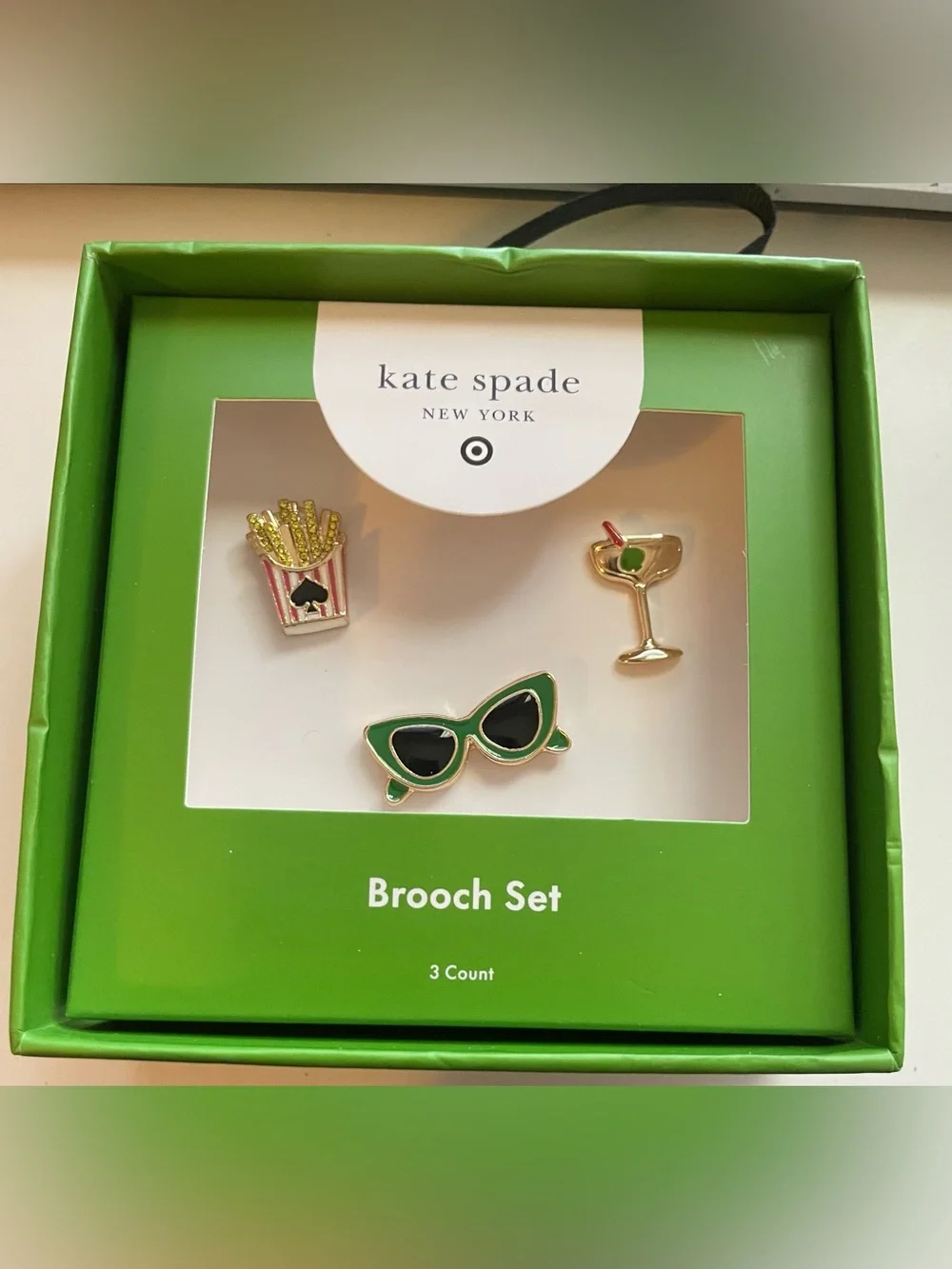 Kate Spade brooch set of 3 gift box included SUNGLASSES MARTINI & FRIES BROOCH